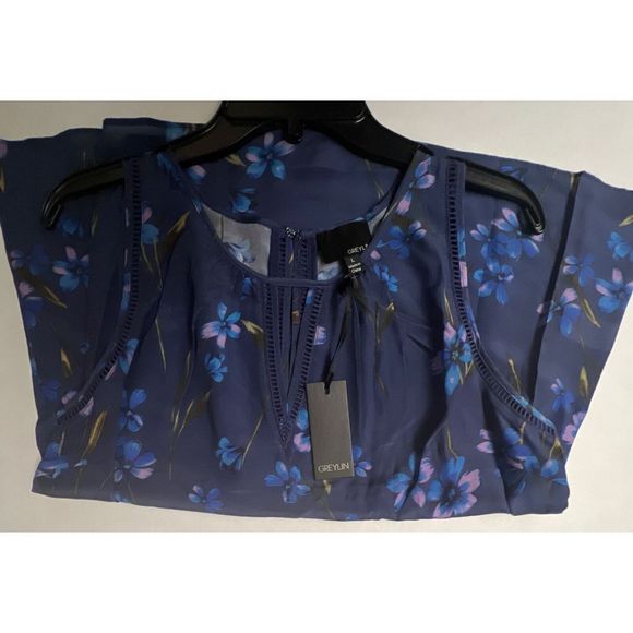 GREYLIN Sleeveless Women Sz L Stitch Fix Silk Blouse Blue Floral Anthropology $8 - Picture 8 of 9
